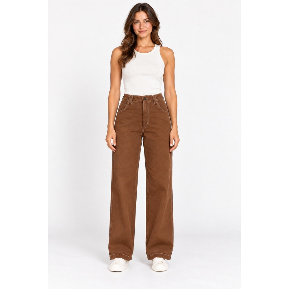 Madewell Emmett Wide Leg Pants Womens 27 Brown High Rise Contrast Stitch Cotton